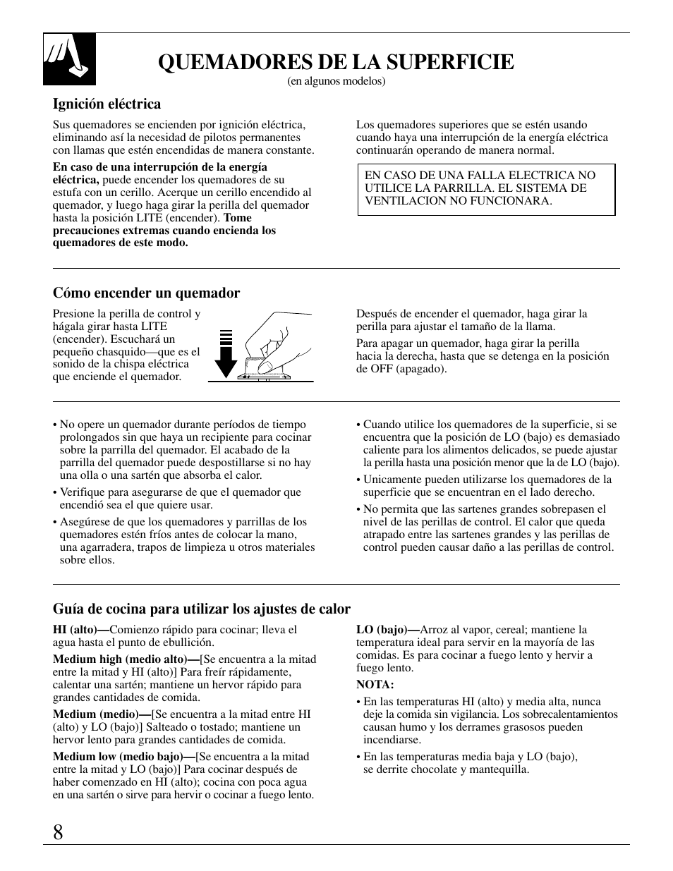 Controles, Ignición eléctrica, Controles , 9 | Quemadores de la superficie | GE JGP389 User Manual | Page 40 / 64