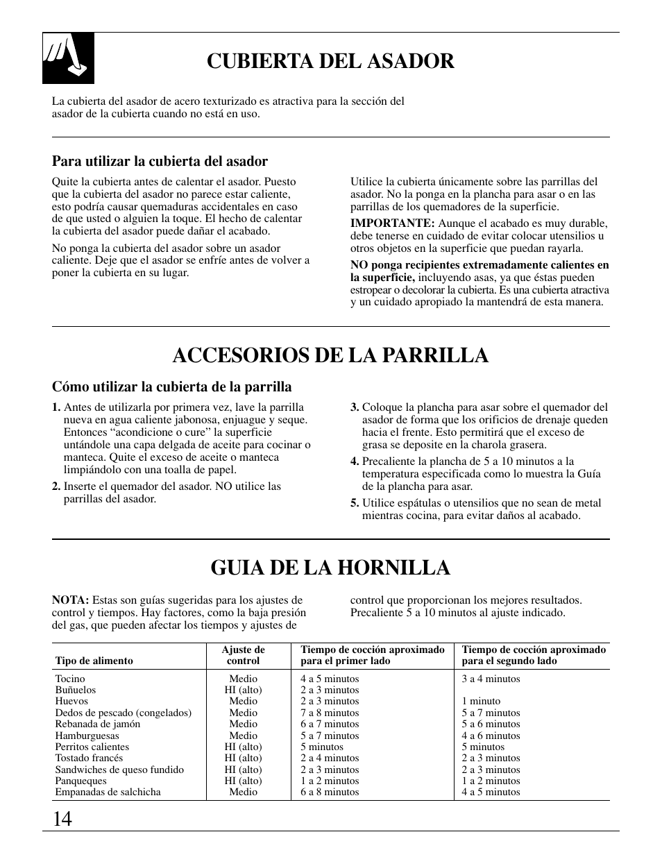 Cubierta del asador, Accesorios de la parrilla, Guia de la hornilla | Para utilizar la cubierta del asador, Cómo utilizar la cubierta de la parrilla | GE JGP389 User Manual | Page 46 / 64