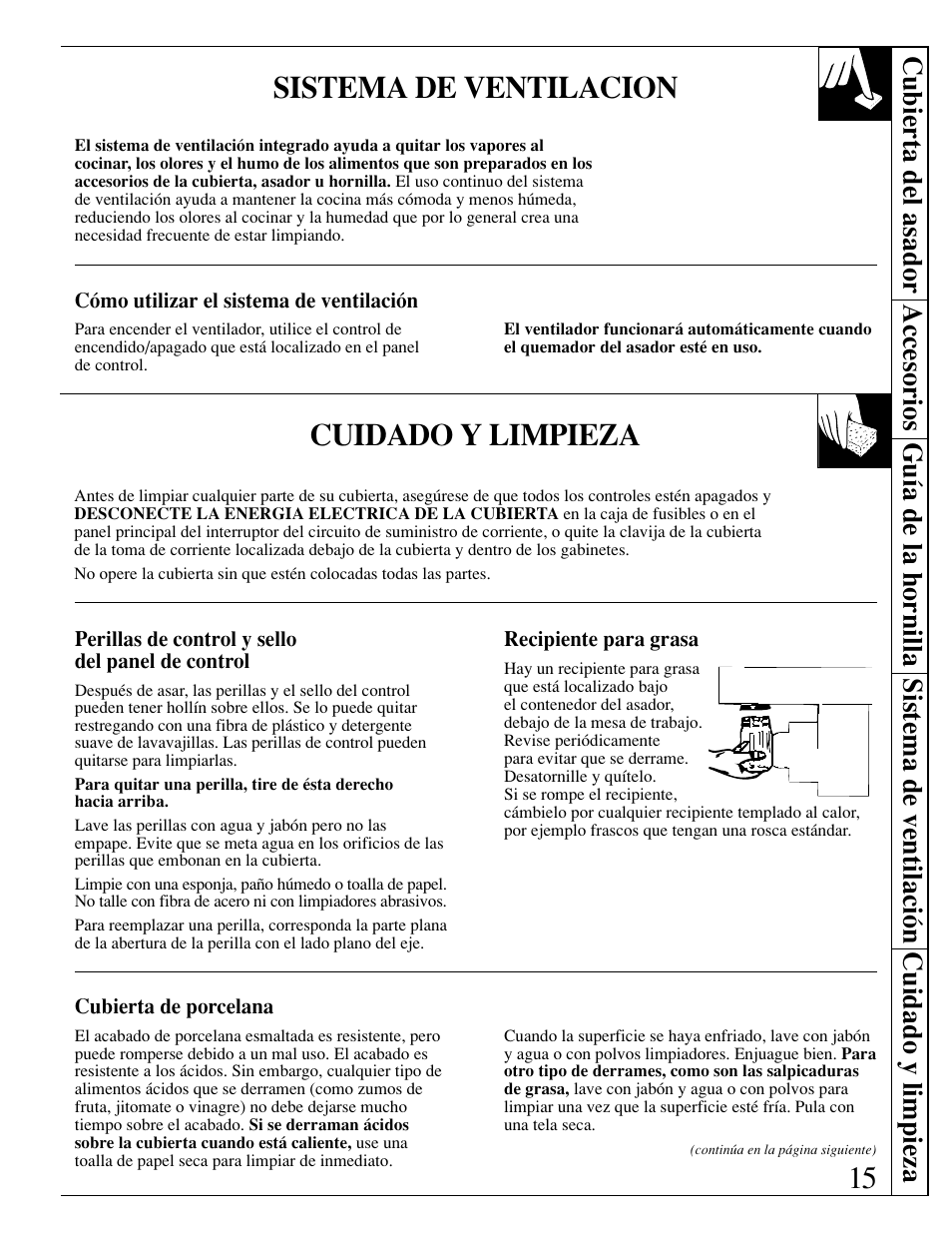 Sistema de ventilación, Cuidado y limpieza, Perillas de control y sello del panel | Recipiente para grasa, Cubierta de porcelana, De control, Sistema de ventilacion | GE JGP389 User Manual | Page 47 / 64
