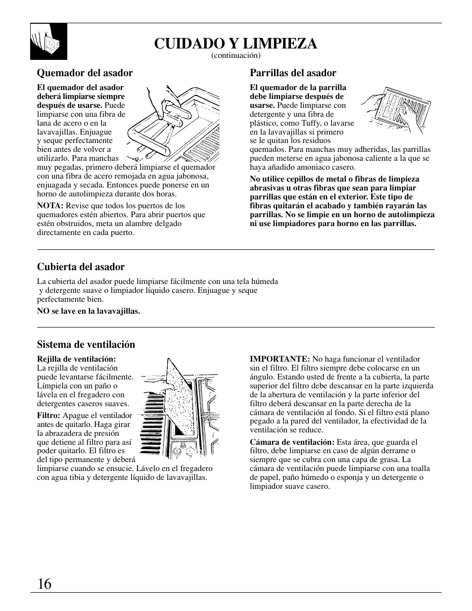 Quemador del asador, Cubierta del asador, Parrillas del asador | Sistema de ventilación, 16 cuidado y limpieza | GE JGP389 User Manual | Page 48 / 64
