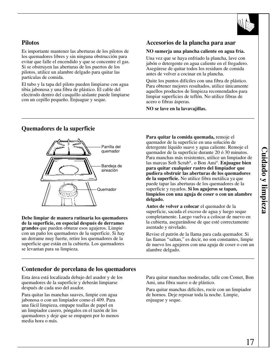 Accesorios de la plancha para asar, Pilotos, Contenedor de porcelana del quemador | Quemadores de la superficie, Contenedor de porcelana, Del quemador, Cuidado y limpieza, Pilotos accesorios de la plancha para asar, Contenedor de porcelana de los quemadores | GE JGP389 User Manual | Page 49 / 64
