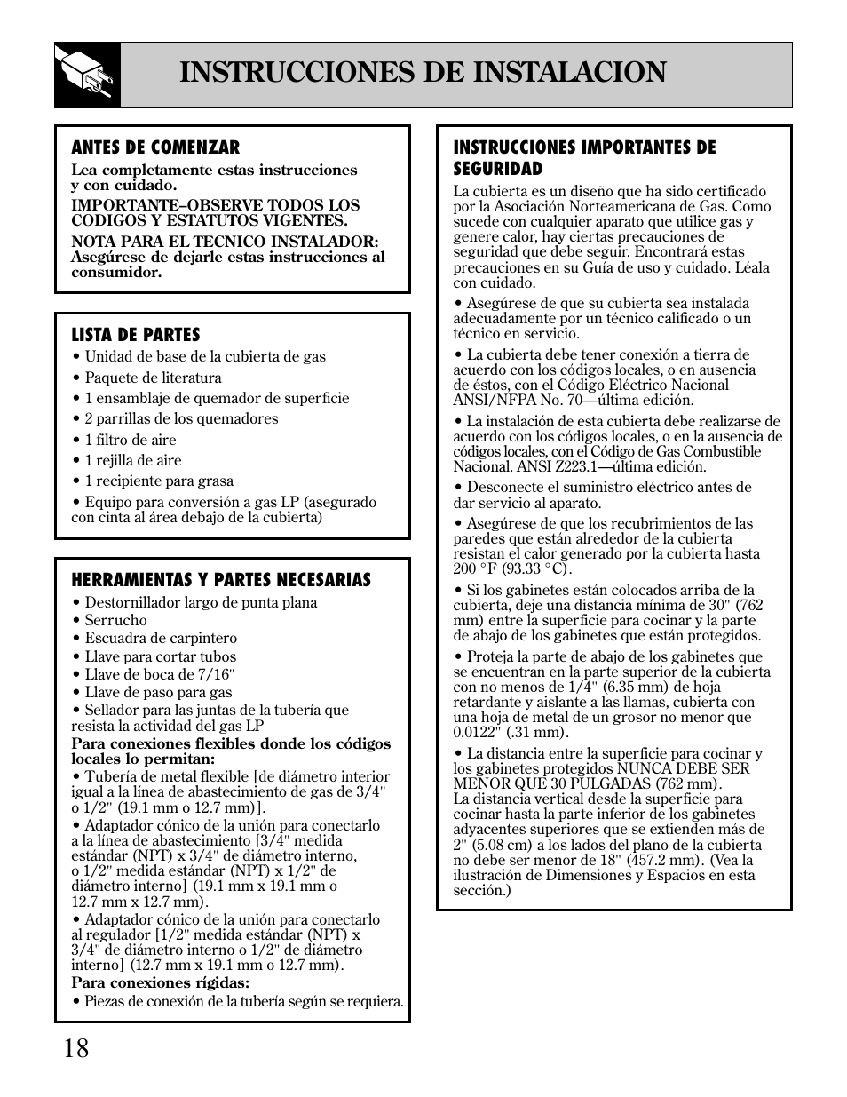 Instrucciones de instalación, 18 instrucciones de instalacion | GE JGP389 User Manual | Page 50 / 64