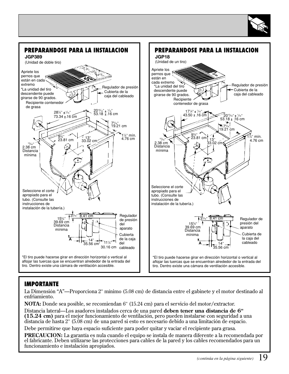 Preparandose para la instalacion, Preparandose para la instalacion importante, Jgp18 | Jgp389 | GE JGP389 User Manual | Page 51 / 64