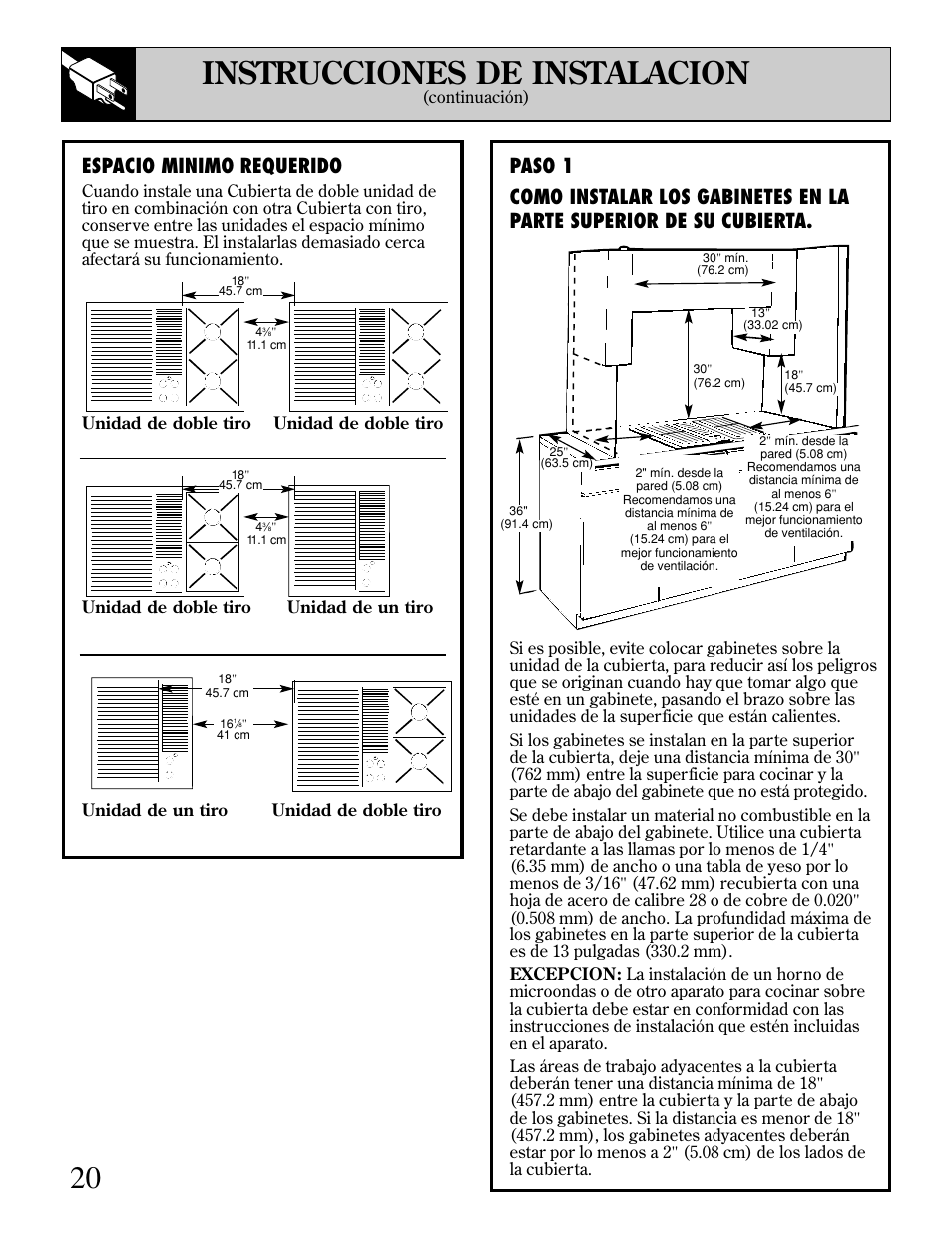 20 instrucciones de instalacion, Espacio minimo requerido, Continuación) | GE JGP389 User Manual | Page 52 / 64