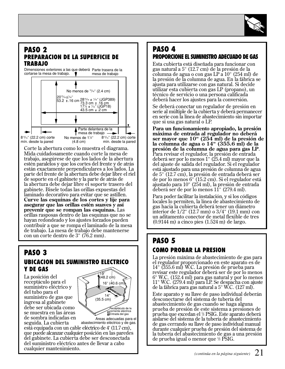 Paso 2, Paso 4, Paso 3 | Paso 5, Preparacion de la superficie de trabajo, Proporcione el suministro adecuado de gas, Ubicacion del suministro electrico y de gas, Como probar la presion, Psig | GE JGP389 User Manual | Page 53 / 64