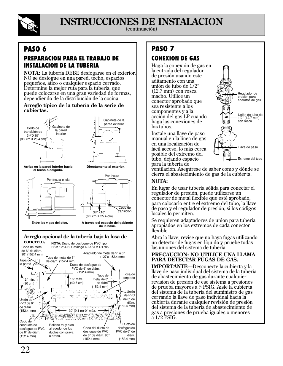 22 instrucciones de instalacion, Paso 6, Paso 7 | Conexion de gas, Continuación) | GE JGP389 User Manual | Page 54 / 64