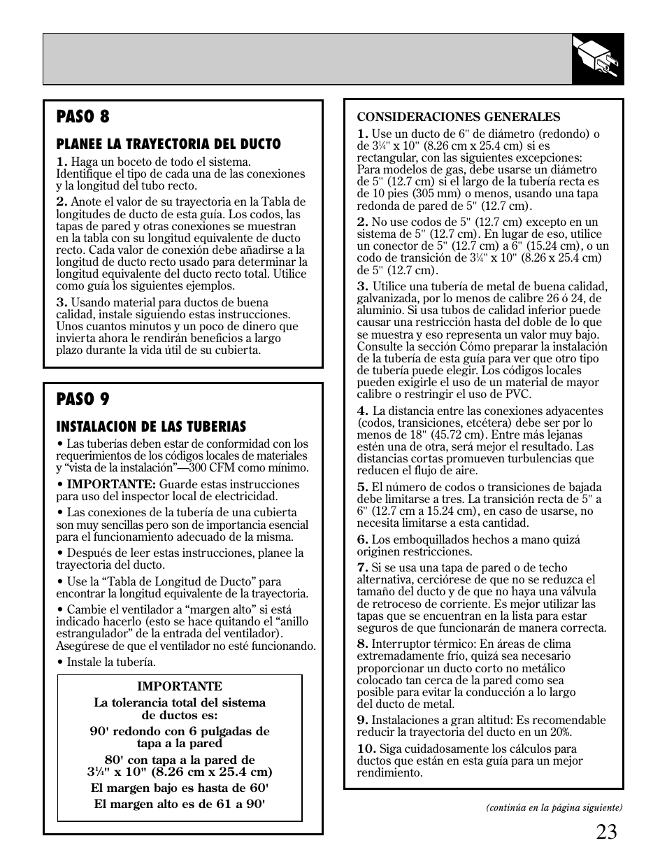 Paso 9, Paso 8, Instalacion de las tuberias | Planee la trayectoria del ducto | GE JGP389 User Manual | Page 55 / 64