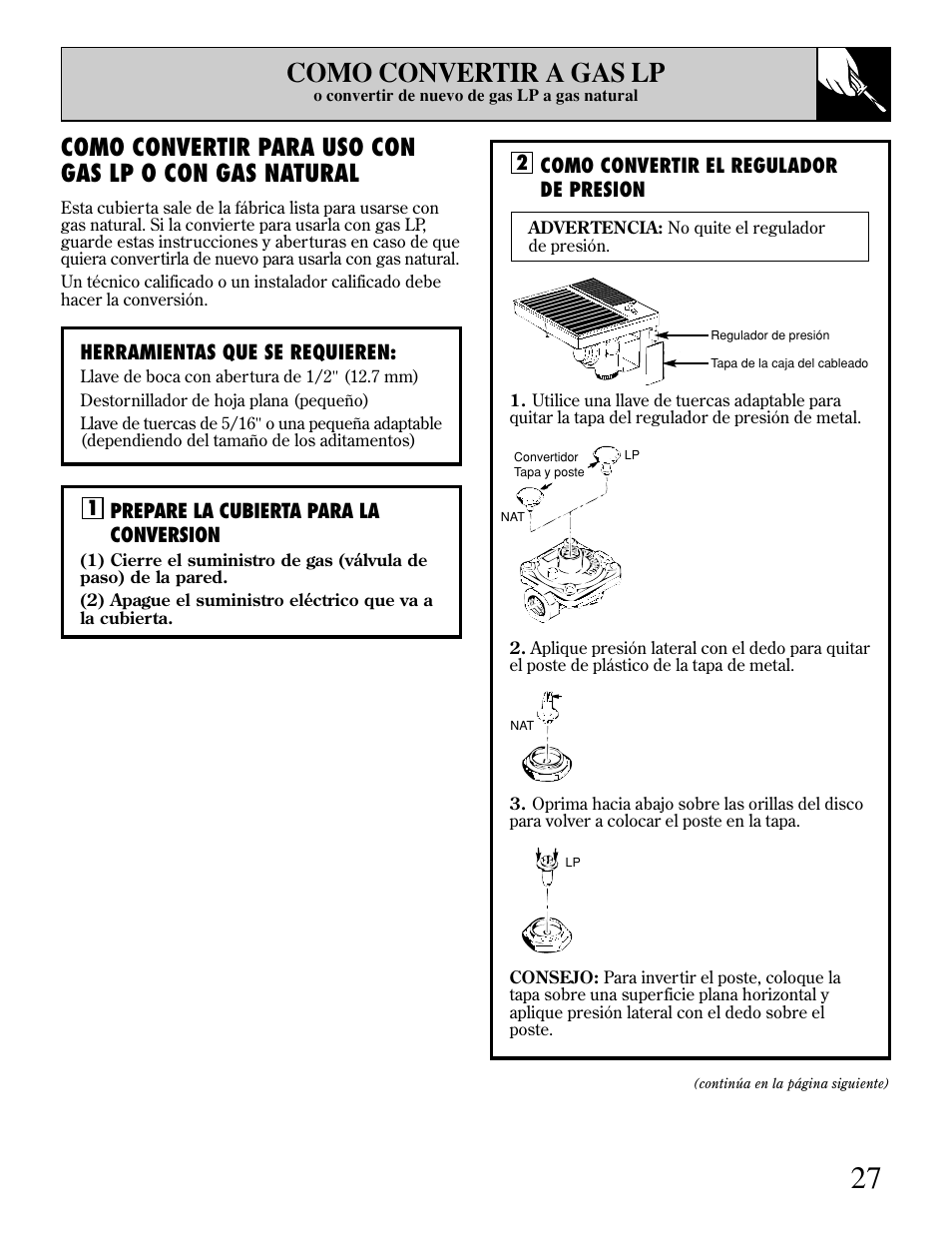 Cómo convertir a gas lp, Como convertir a gas lp | GE JGP389 User Manual | Page 59 / 64