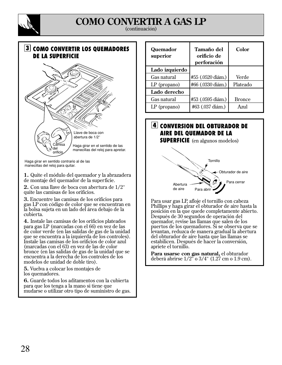 28 como convertir a gas lp, Como convertir los quemadores de la superficie | GE JGP389 User Manual | Page 60 / 64