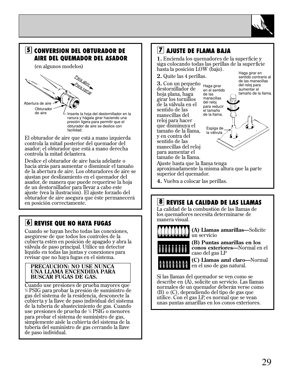 5ajuste de flama baja, 7revise la calidad de las llamas, 8revise que no haya fugas | GE JGP389 User Manual | Page 61 / 64