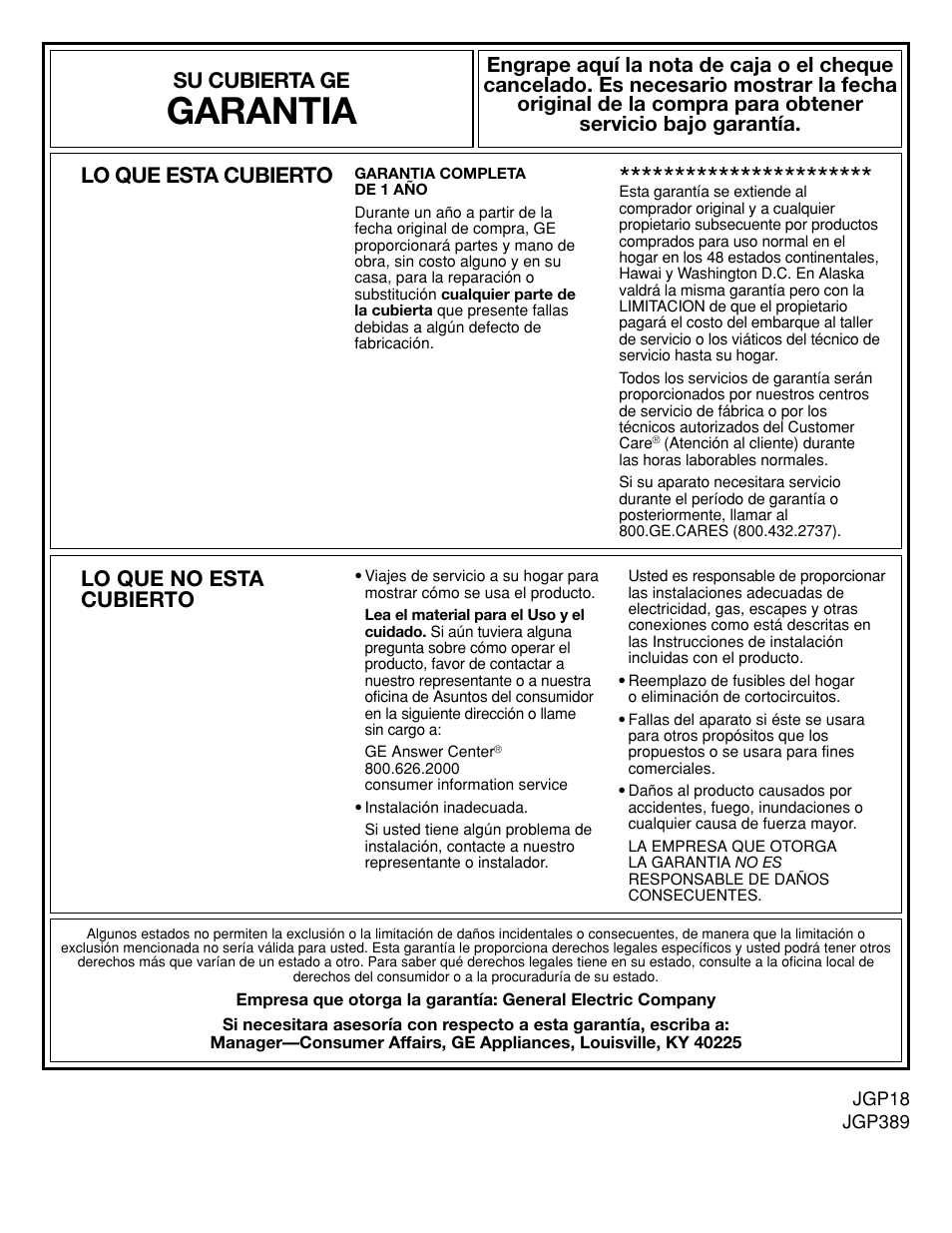 Garantía, Garantia, Lo que esta cubierto | Lo que no esta cubierto, Su cubierta ge | GE JGP389 User Manual | Page 64 / 64