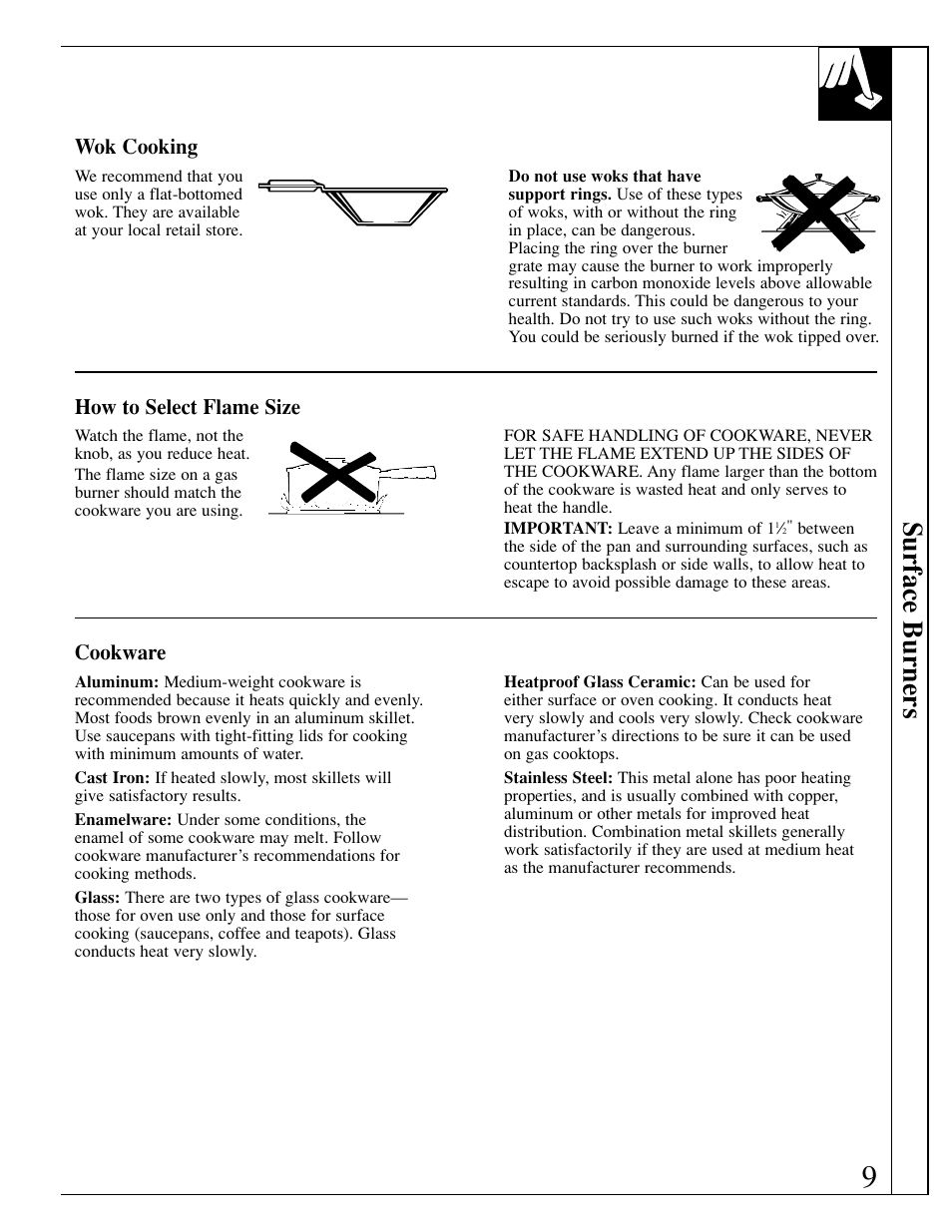Cookware, Surface burners | GE JGP389 User Manual | Page 9 / 64