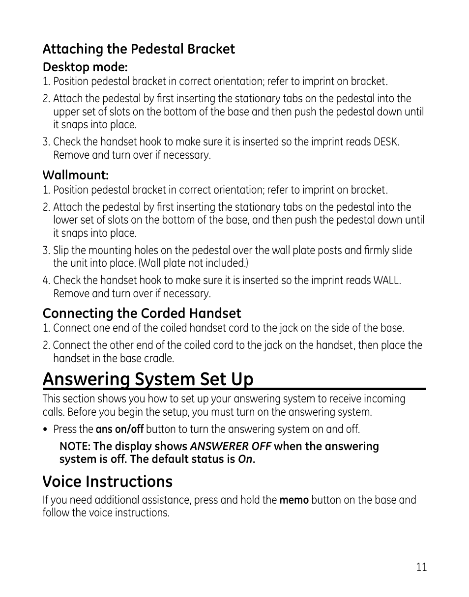 Answering system set up, Voice instructions | GE 00025467 User Manual | Page 11 / 100