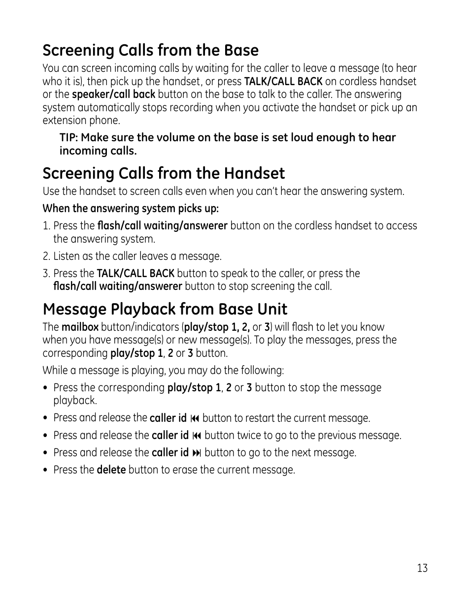 Screening calls from the base, Screening calls from the handset, Message playback from base unit | GE 00025467 User Manual | Page 13 / 100