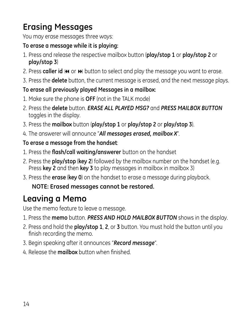 Erasing messages | GE 00025467 User Manual | Page 14 / 100