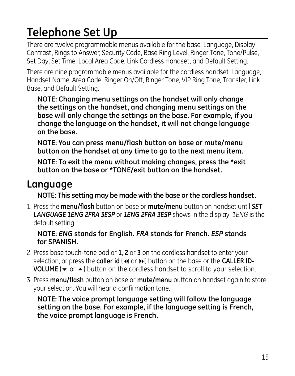 Telephone set up, Language | GE 00025467 User Manual | Page 15 / 100