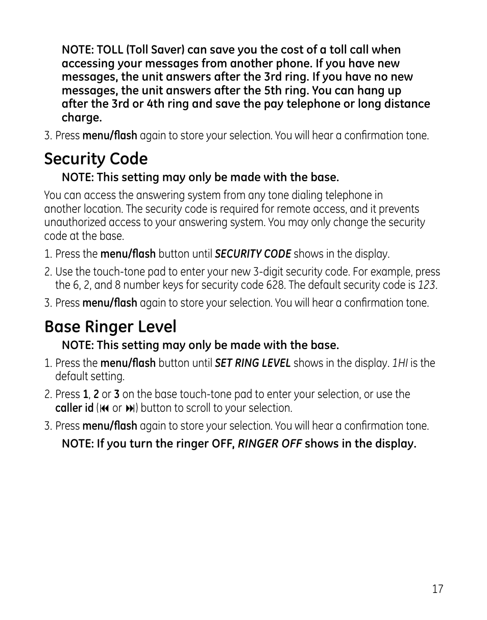 Security code, Base ringer level | GE 00025467 User Manual | Page 17 / 100