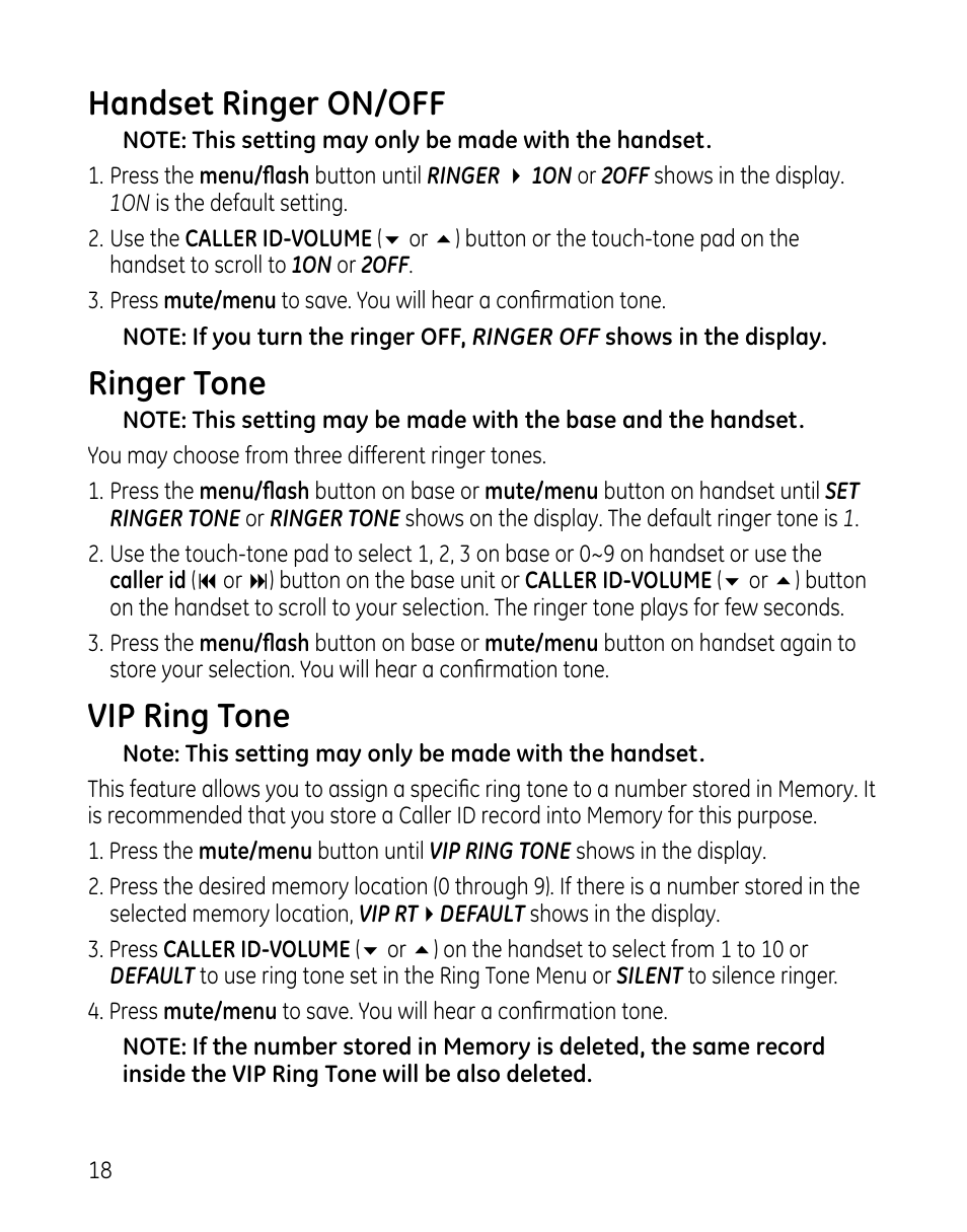 Handset ringer on/off, Ringer tone, Vip ring tone | GE 00025467 User Manual | Page 18 / 100