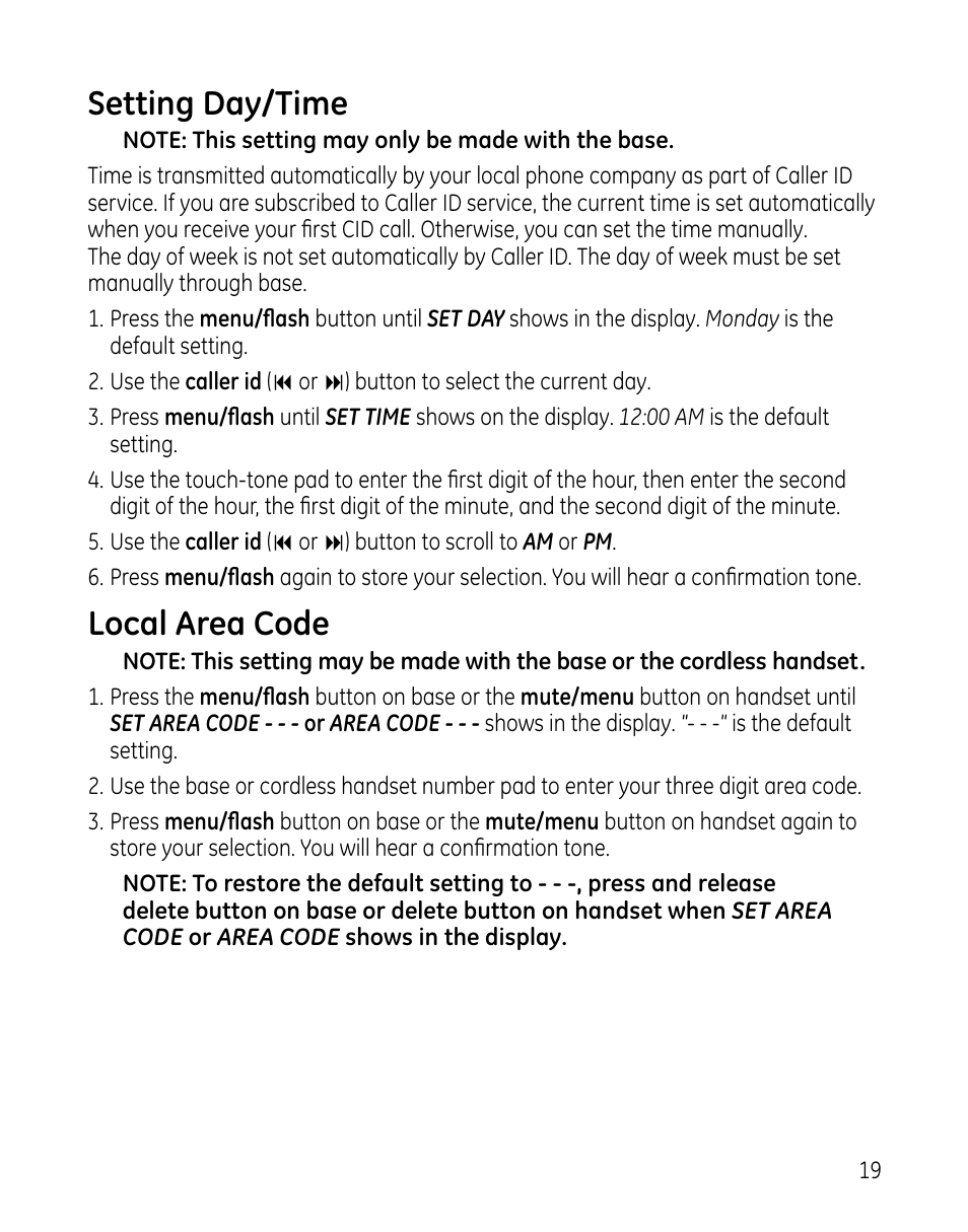 Setting day/time, Local area code | GE 00025467 User Manual | Page 19 / 100