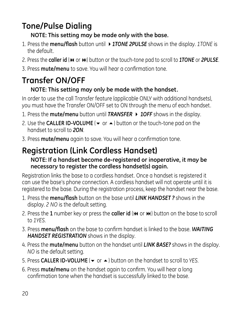 Tone/pulse dialing, Transfer on/off, Registration (link cordless handset) | GE 00025467 User Manual | Page 20 / 100