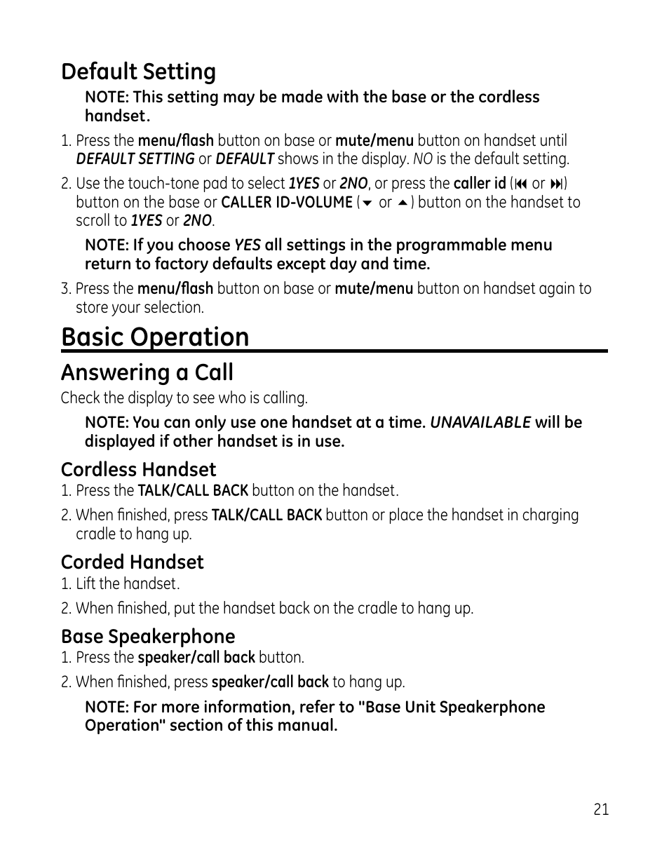 Basic operation, Default setting, Answering a call | GE 00025467 User Manual | Page 21 / 100