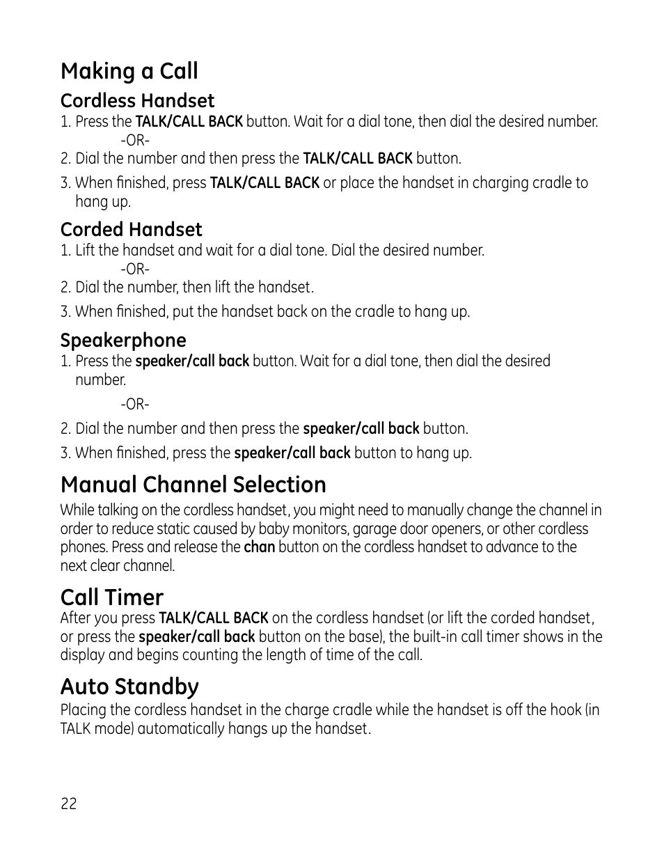 Making a call, Manual channel selection, Call timer | Auto standby | GE 00025467 User Manual | Page 22 / 100