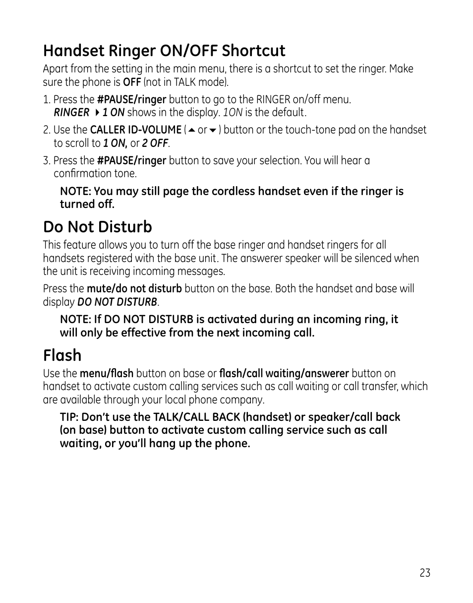Handset ringer on/off shortcut, Do not disturb, Flash | GE 00025467 User Manual | Page 23 / 100
