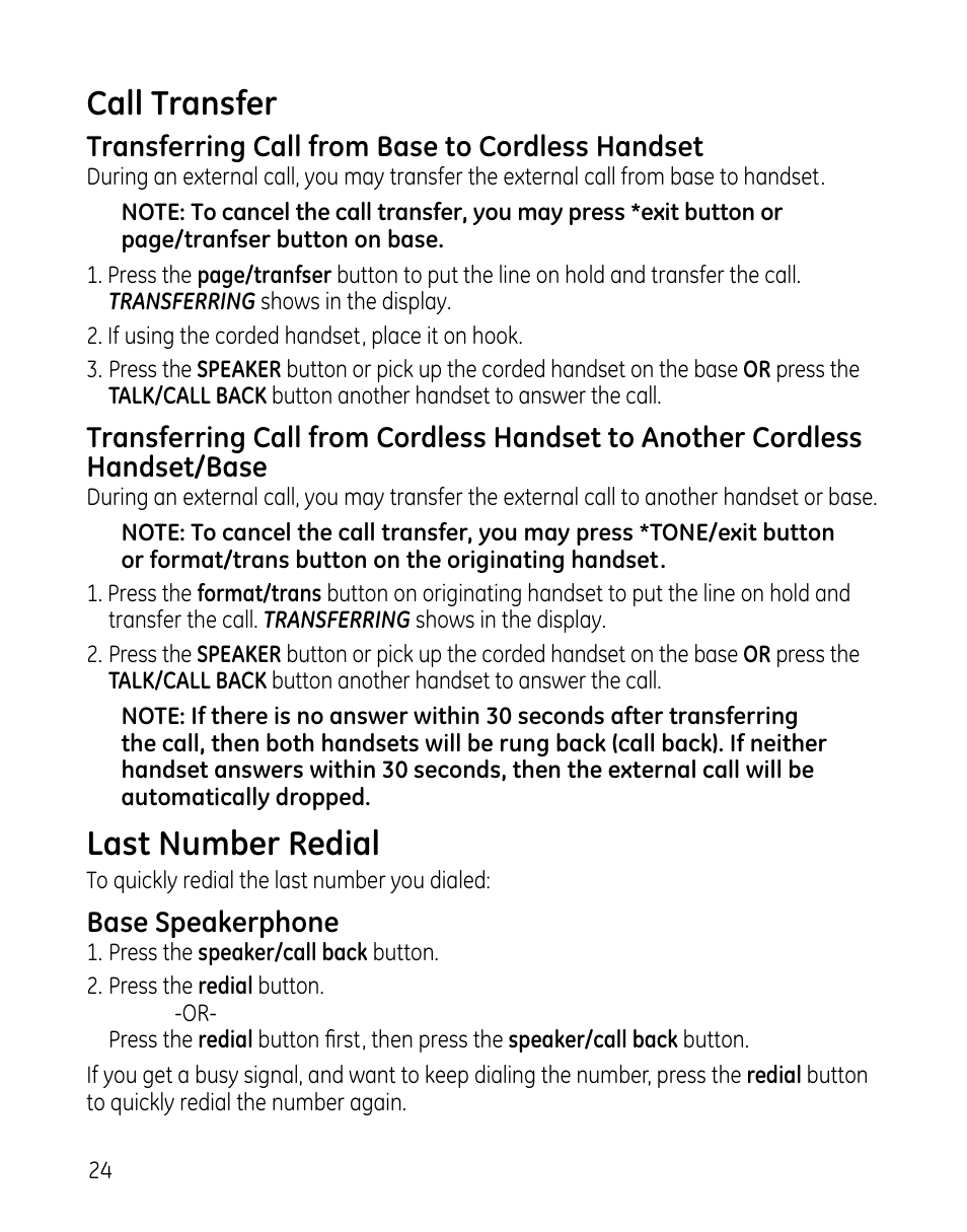 Call transfer, Last number redial | GE 00025467 User Manual | Page 24 / 100