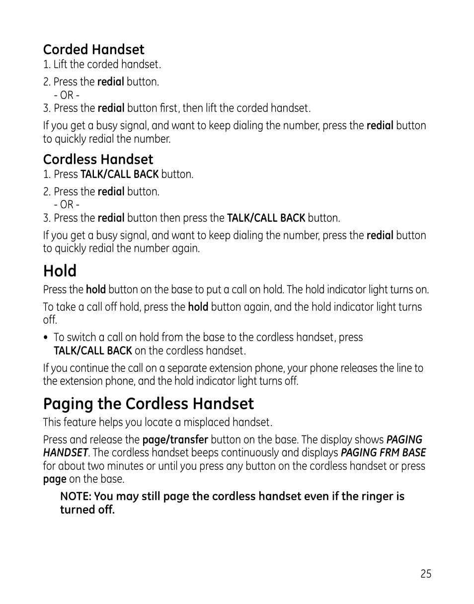 Hold, Paging the cordless handset | GE 00025467 User Manual | Page 25 / 100