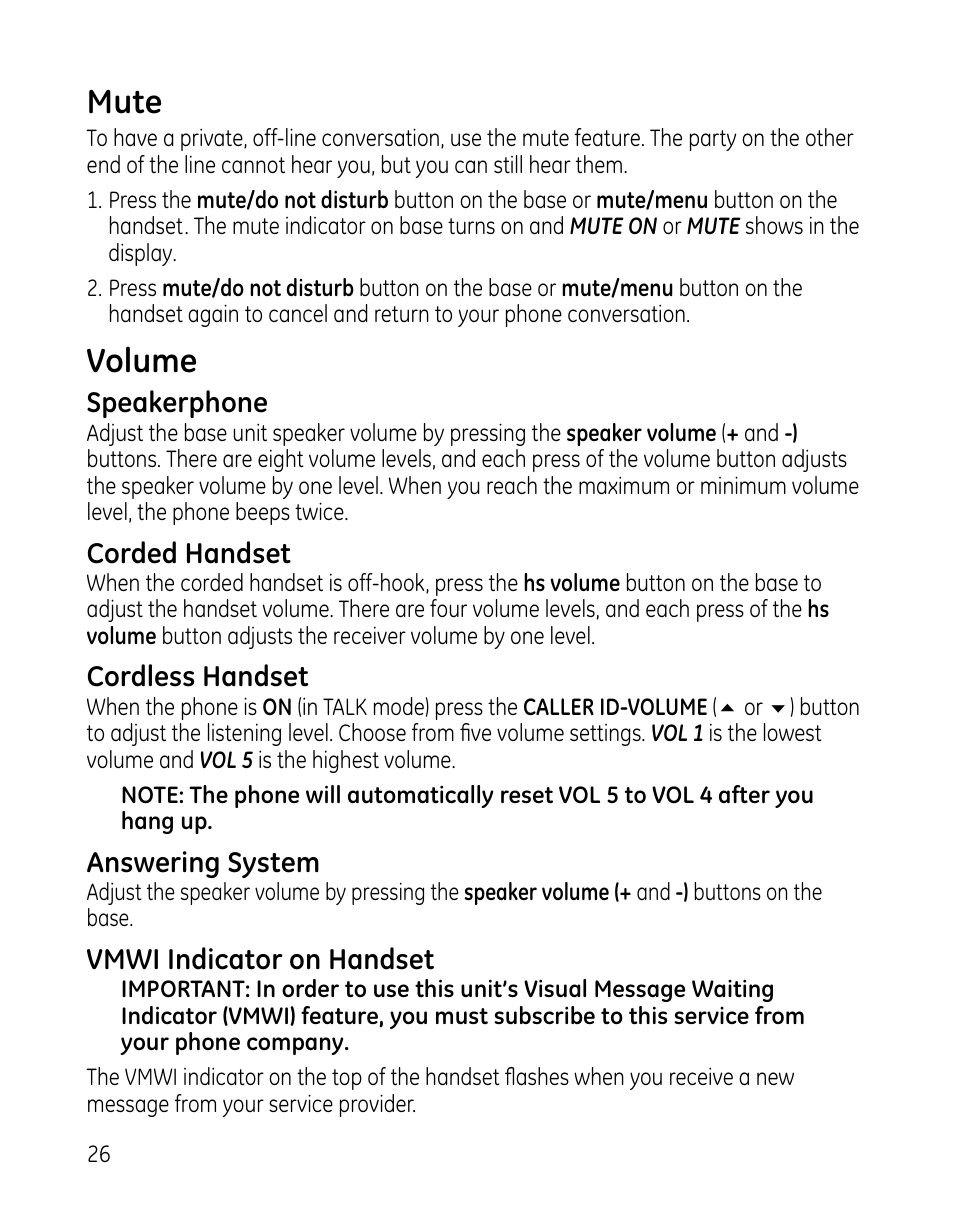 Mute, Volume | GE 00025467 User Manual | Page 26 / 100