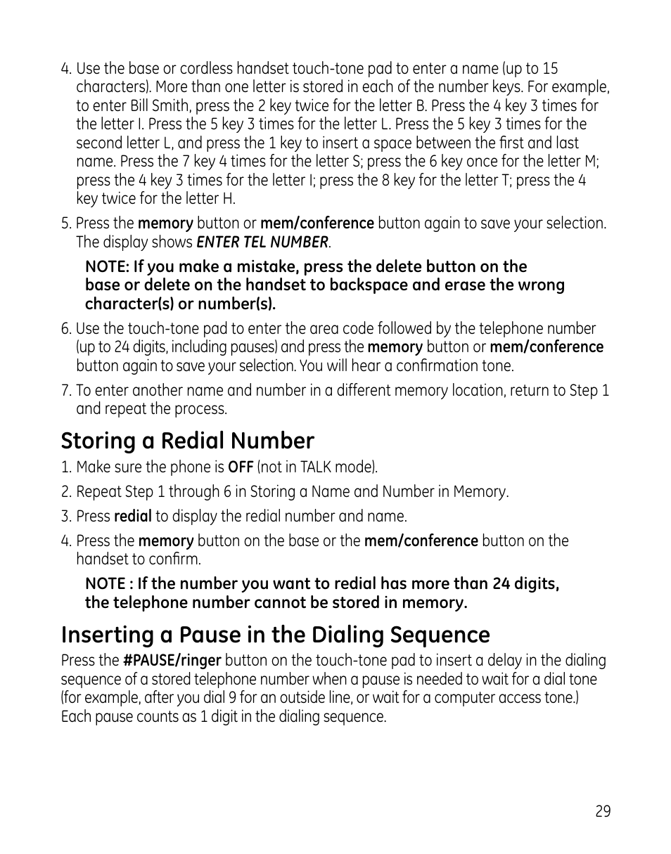 Storing a redial number, Inserting a pause in the dialing sequence | GE 00025467 User Manual | Page 29 / 100