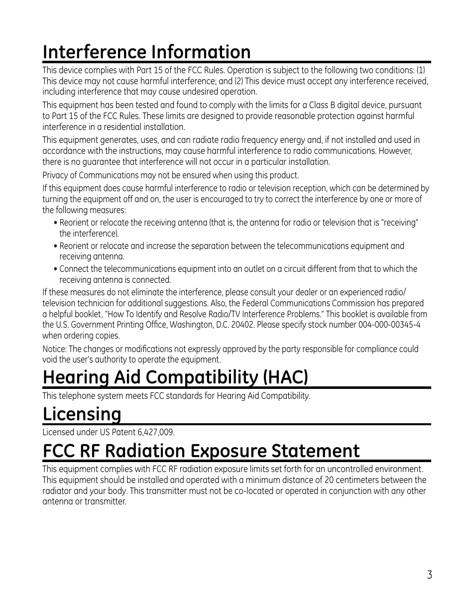 Interference information, Hearing aid compatibility (hac), Licensing | Fcc rf radiation exposure statement | GE 00025467 User Manual | Page 3 / 100