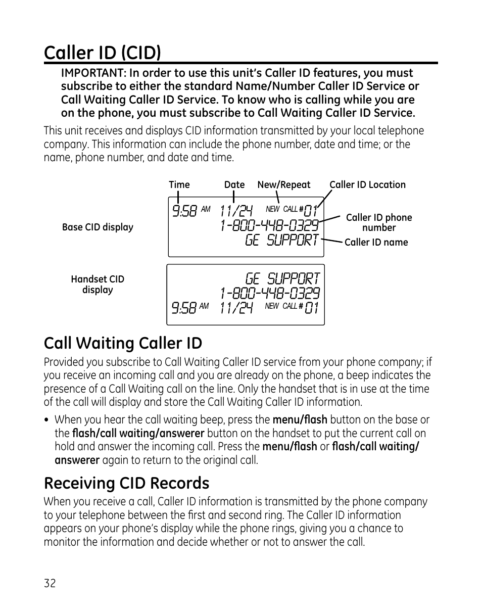 Caller id (cid), Call waiting caller id, Receiving cid records | GE 00025467 User Manual | Page 32 / 100