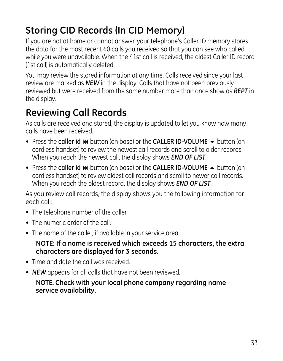 Reviewing call records | GE 00025467 User Manual | Page 33 / 100