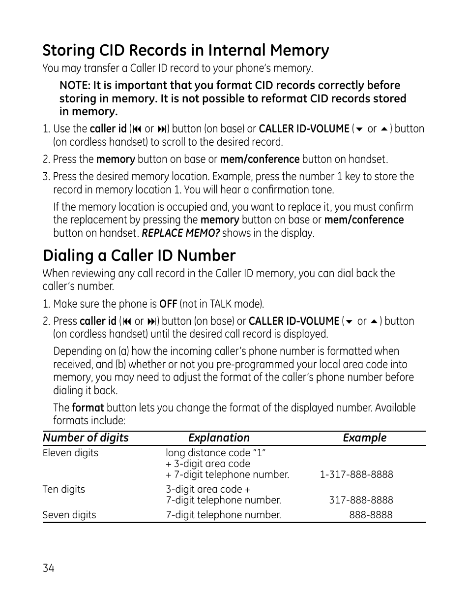 Dialing a caller id number | GE 00025467 User Manual | Page 34 / 100