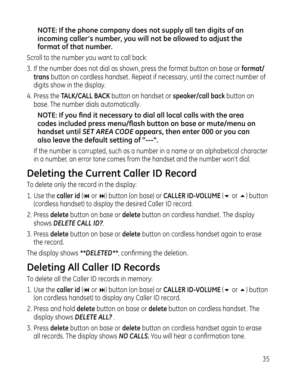 Deleting the current caller id record, Deleting all caller id records | GE 00025467 User Manual | Page 35 / 100