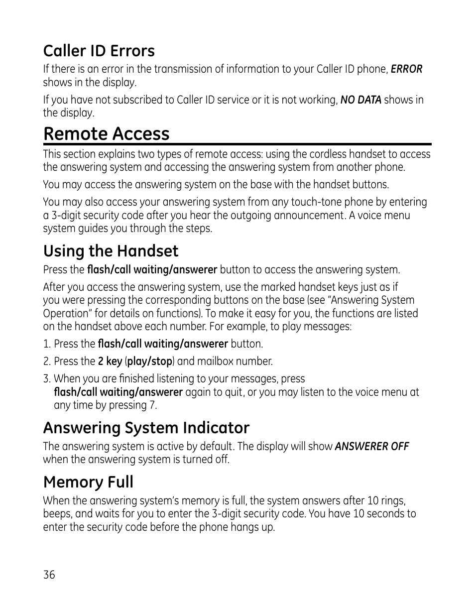Remote access, Caller id errors, Using the handset | Answering system indicator | GE 00025467 User Manual | Page 36 / 100