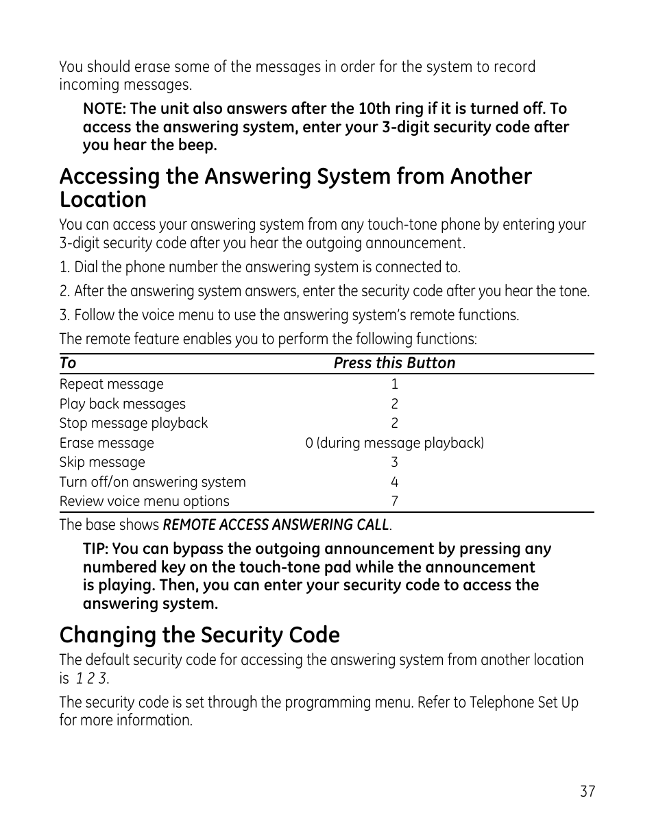 Changing the security code | GE 00025467 User Manual | Page 37 / 100