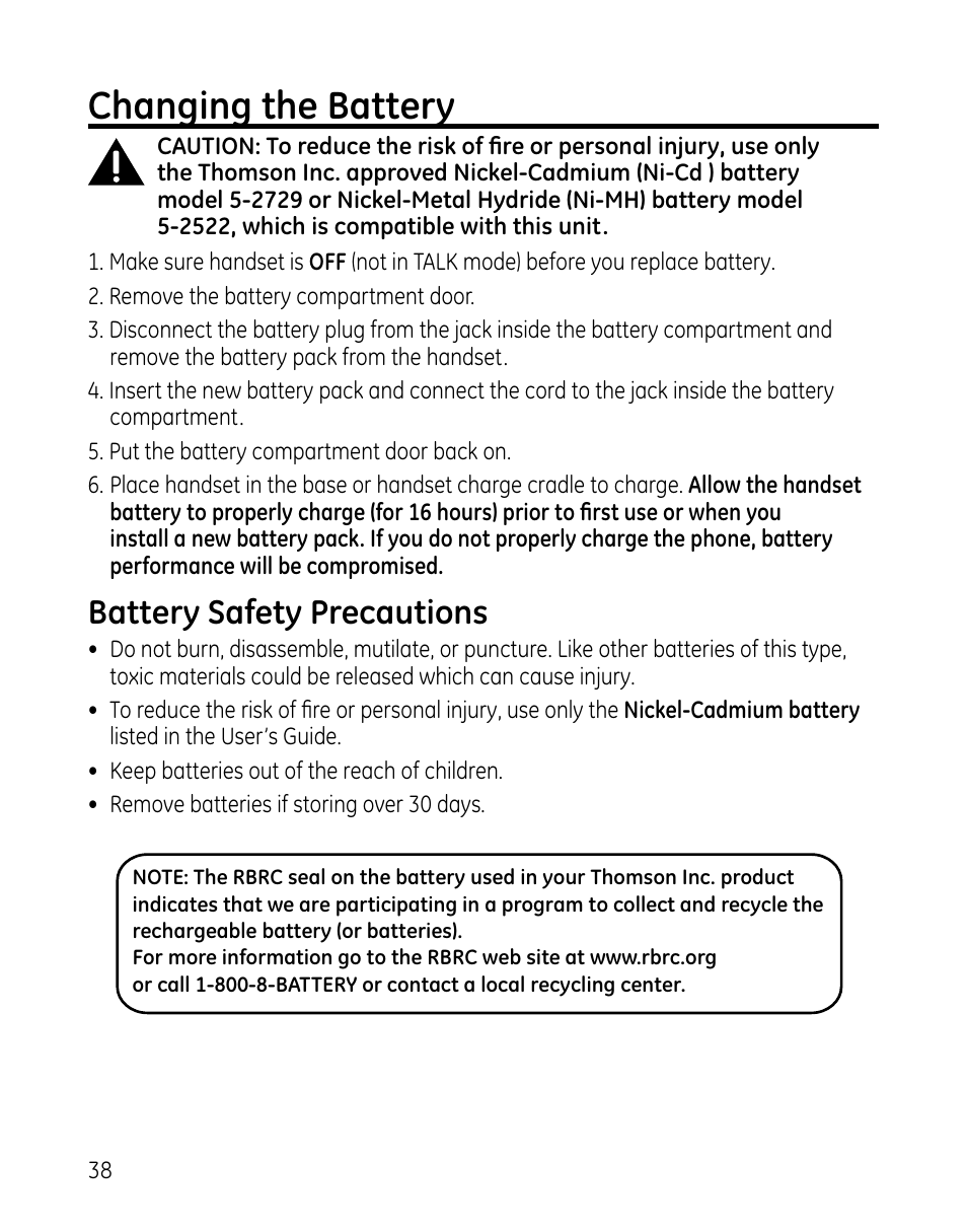 Changing the battery, Battery safety precautions | GE 00025467 User Manual | Page 38 / 100