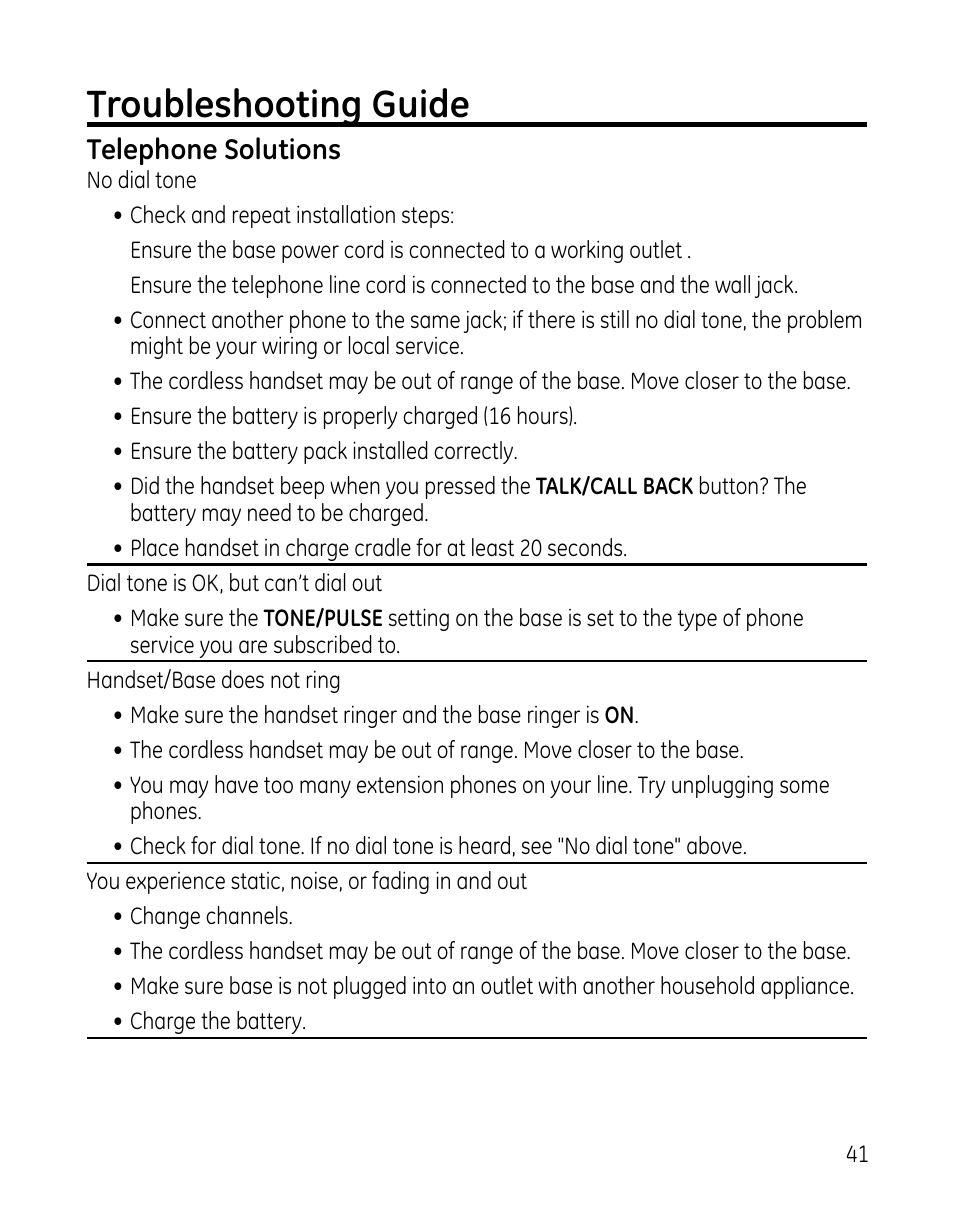 Troubleshooting guide | GE 00025467 User Manual | Page 41 / 100