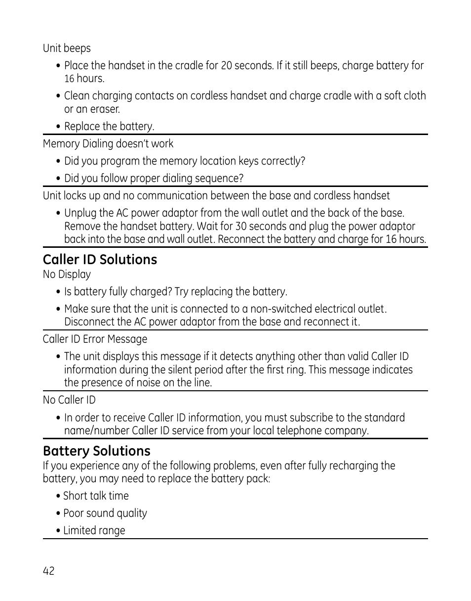 Caller id solutions, Battery solutions | GE 00025467 User Manual | Page 42 / 100