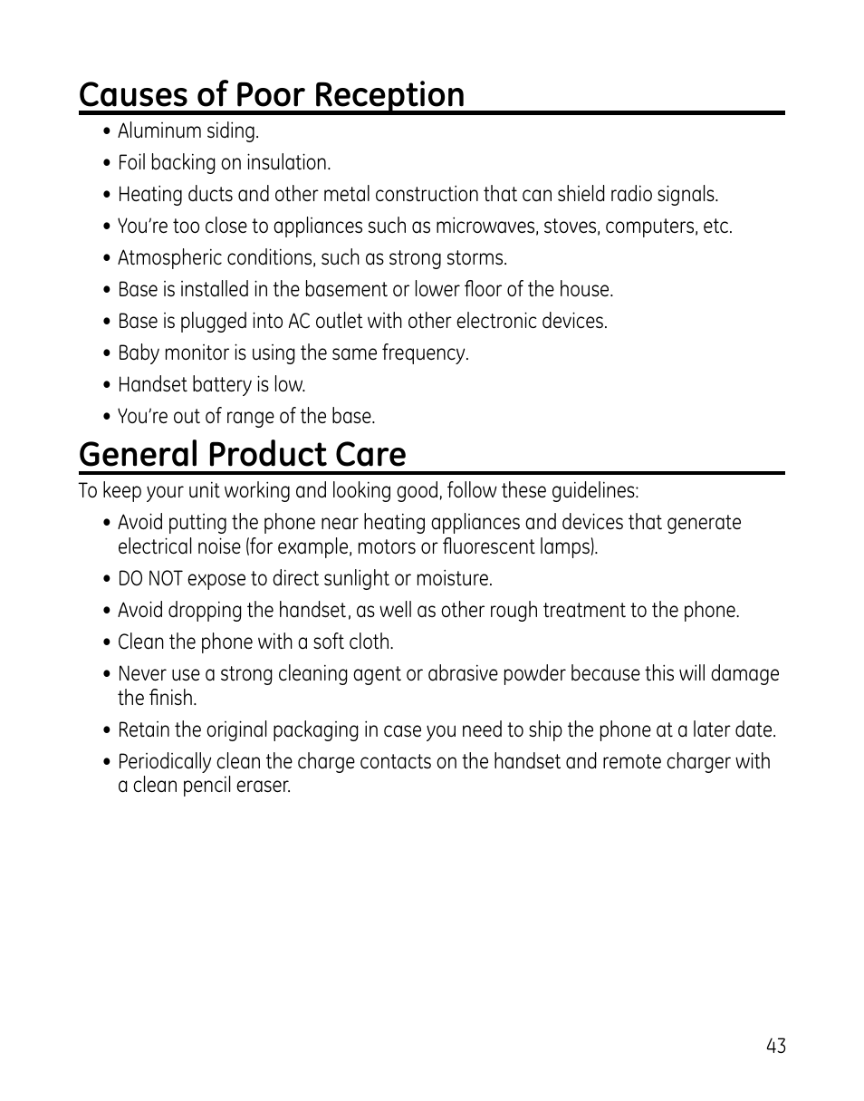 Causes of poor reception, General product care | GE 00025467 User Manual | Page 43 / 100