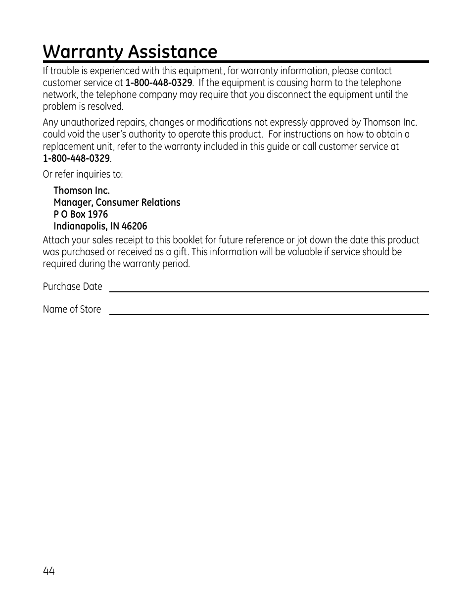 Warranty assistance | GE 00025467 User Manual | Page 44 / 100