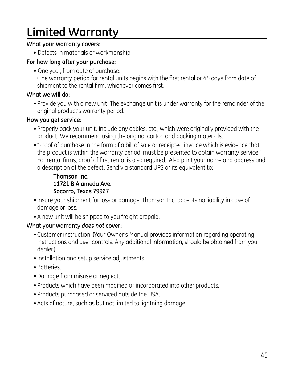 Limited warranty | GE 00025467 User Manual | Page 45 / 100