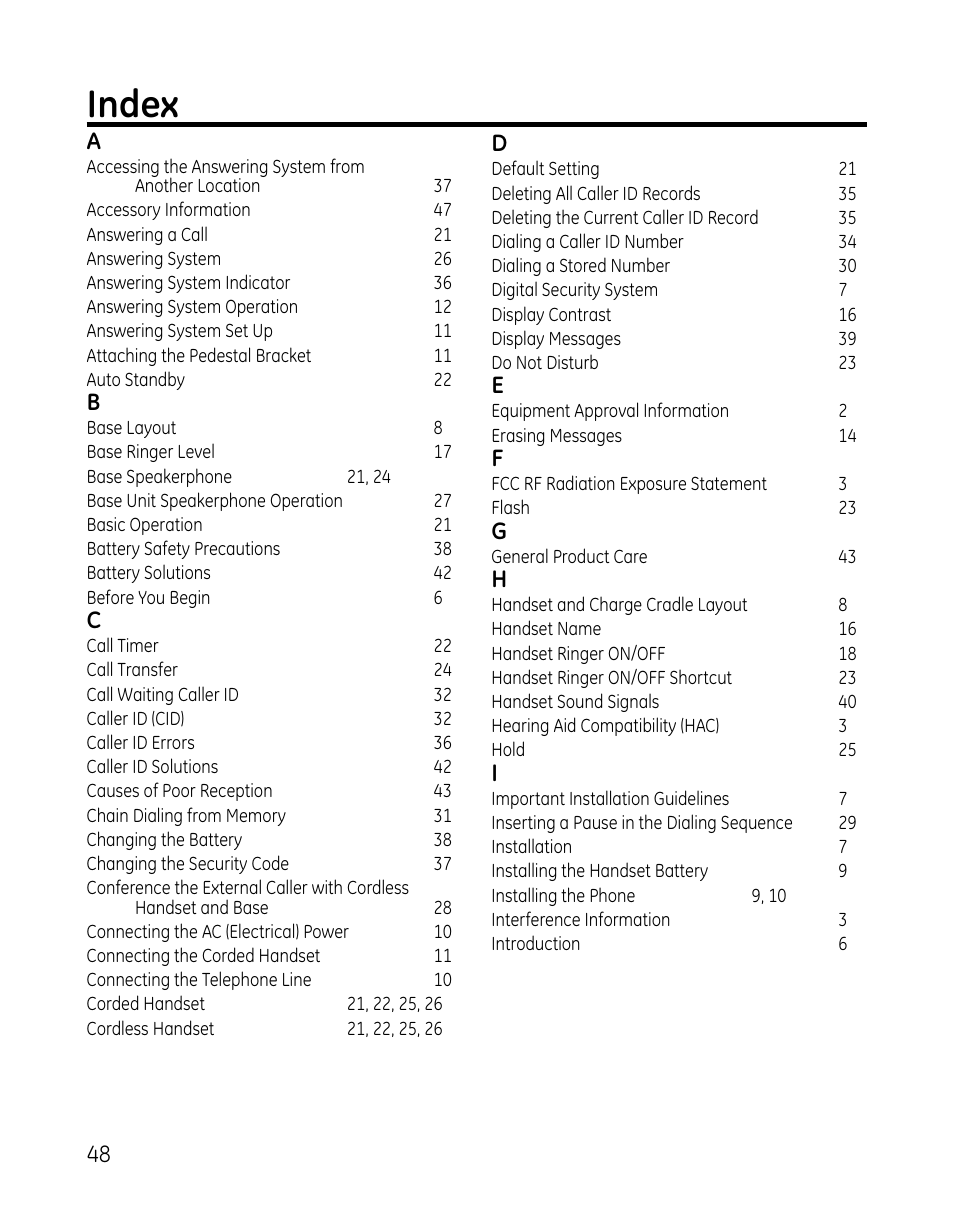 Index | GE 00025467 User Manual | Page 48 / 100