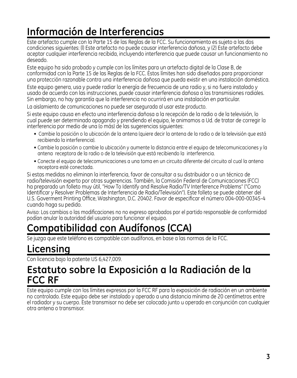 Información de interferencias, Compatibilidad con audífonos (cca), Licensing | GE 00025467 User Manual | Page 53 / 100