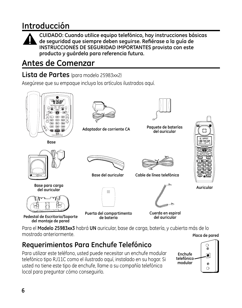 Introducción, Antes de comenzar, Requerimientos para enchufe telefónico | Lista de partes | GE 00025467 User Manual | Page 56 / 100