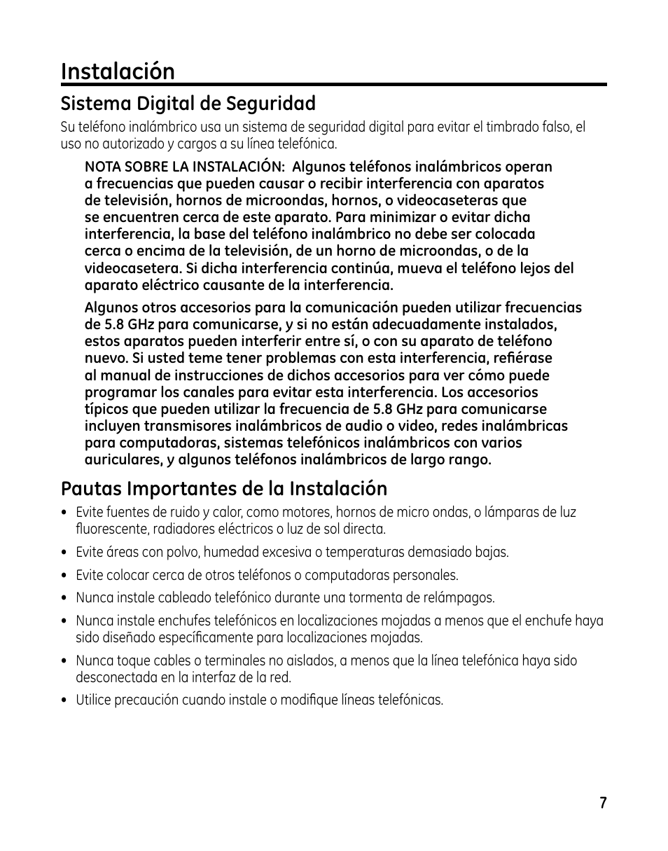 Instalación, Sistema digital de seguridad, Pautas importantes de la instalación | GE 00025467 User Manual | Page 57 / 100