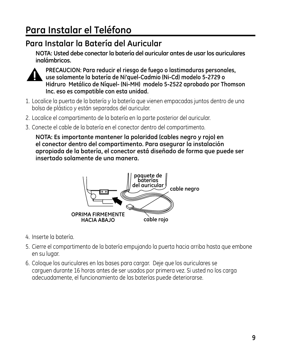 Para instalar el teléfono, Para instalar la batería del auricular | GE 00025467 User Manual | Page 59 / 100