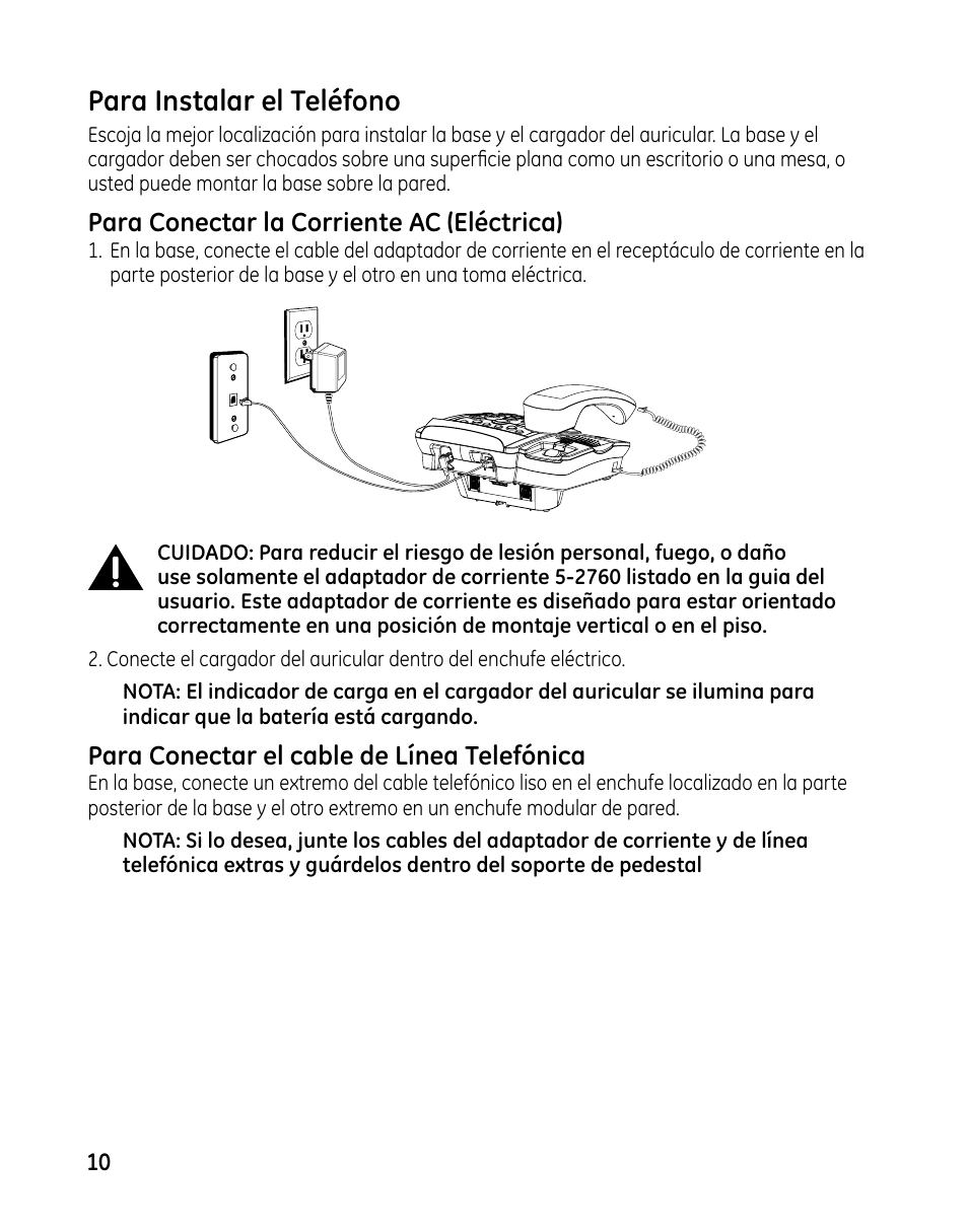 Para instalar el teléfono, Para conectar la corriente ac (eléctrica), Para conectar el cable de línea telefónica | GE 00025467 User Manual | Page 60 / 100